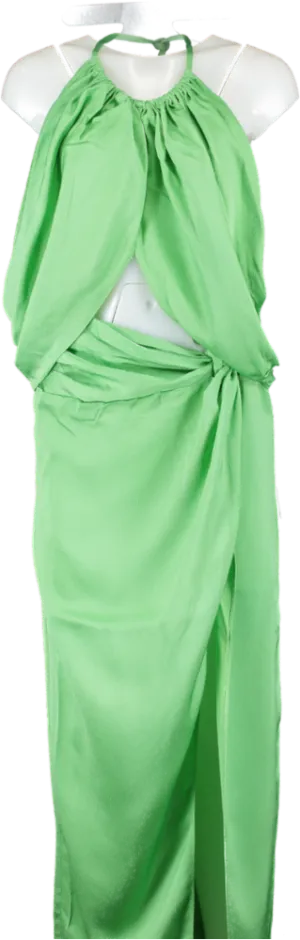 Anna Quan Green Elyse Cut-out Draped Hammered Satin Halter Maxi Dress UK 10