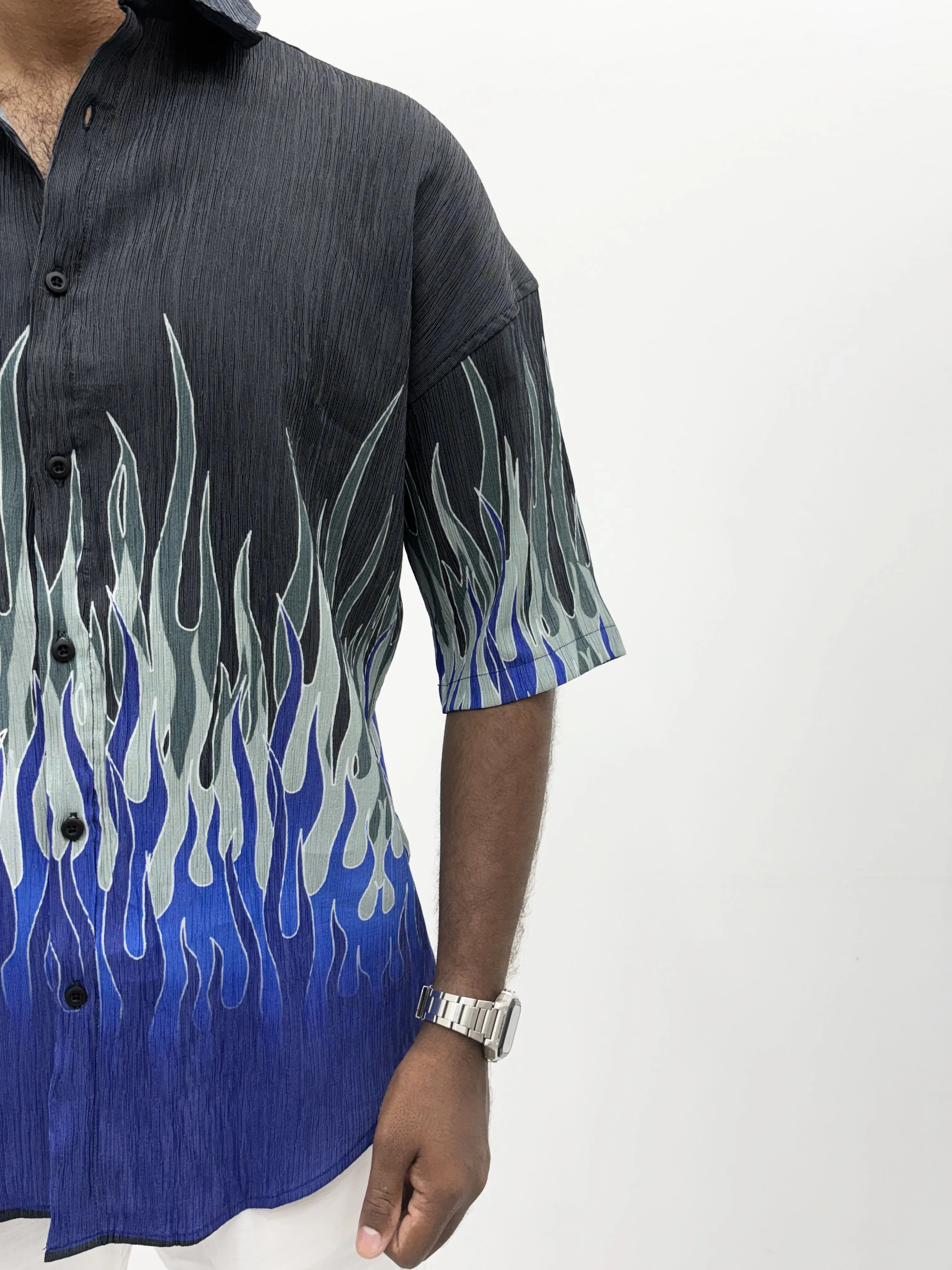 Black Blue Oversized Printed Half Sleeve Shirt
