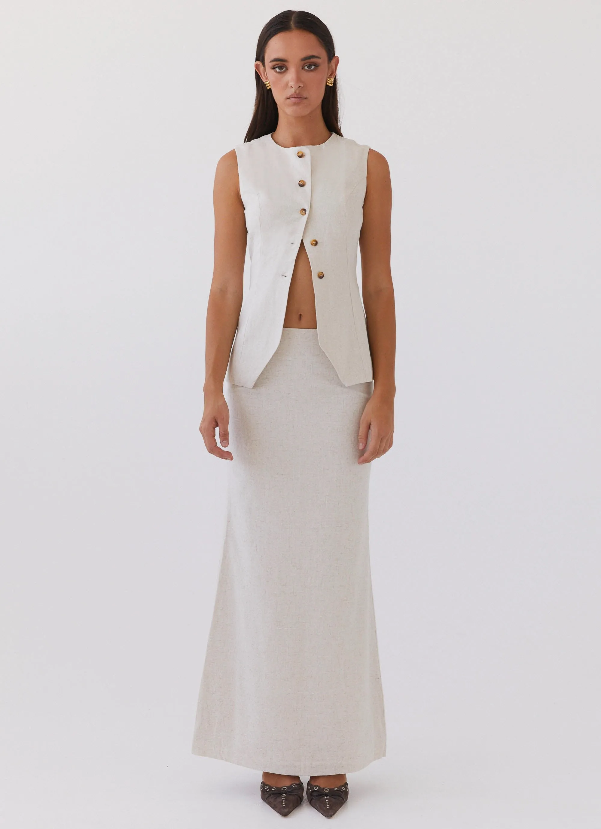 Born For Bordeaux Linen Midi Skirt - Oatmeal