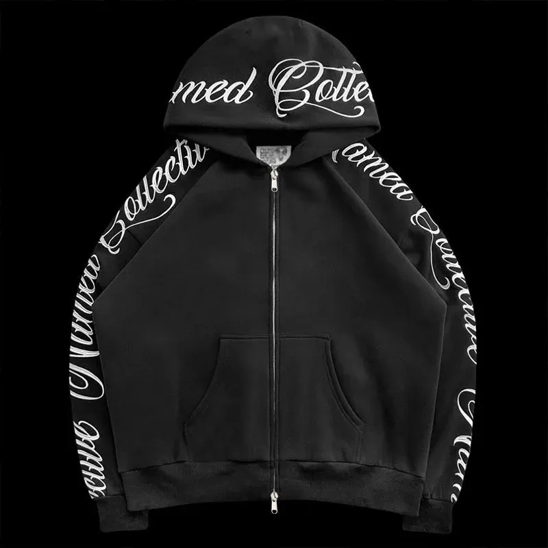 Gothic Letter Embroidery Zip-Up Hoodie & Sweatpants Set  Y2K Hip Hop Casual Streetwear