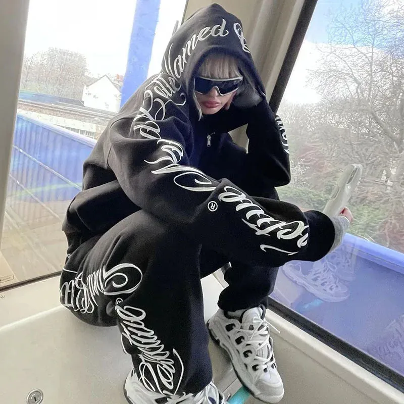 Gothic Letter Embroidery Zip-Up Hoodie & Sweatpants Set  Y2K Hip Hop Casual Streetwear