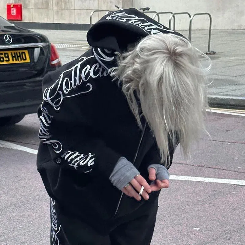 Gothic Letter Embroidery Zip-Up Hoodie & Sweatpants Set  Y2K Hip Hop Casual Streetwear