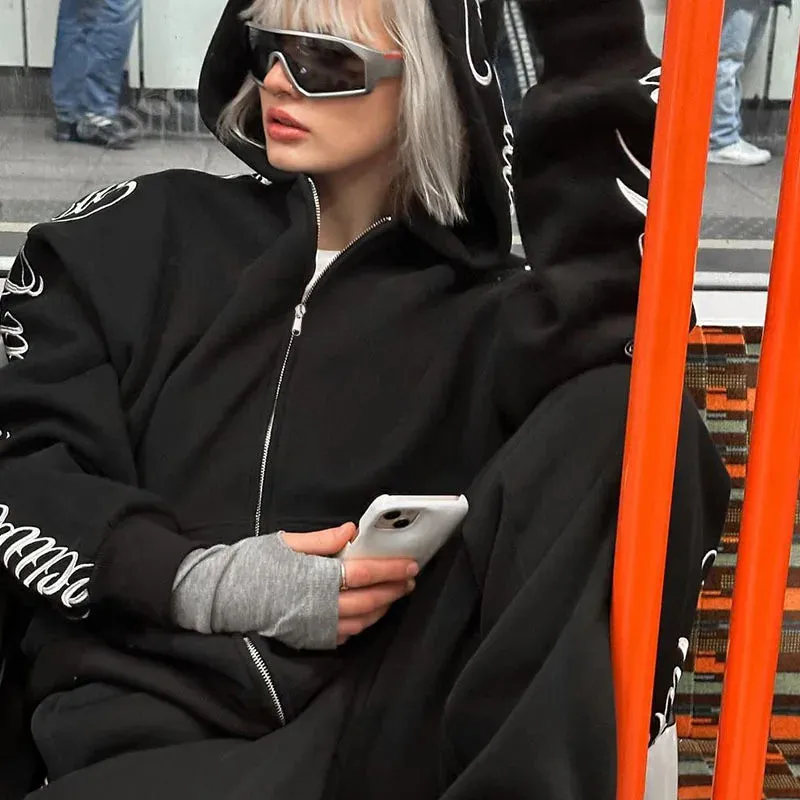 Gothic Letter Embroidery Zip-Up Hoodie & Sweatpants Set  Y2K Hip Hop Casual Streetwear