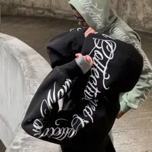 Gothic Letter Embroidery Zip-Up Hoodie & Sweatpants Set  Y2K Hip Hop Casual Streetwear