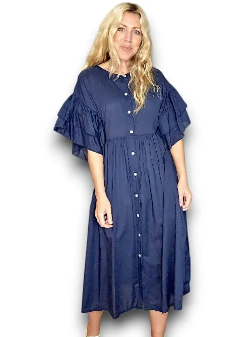 Helga May: Bianca Frilled Cotton Dress - Navy