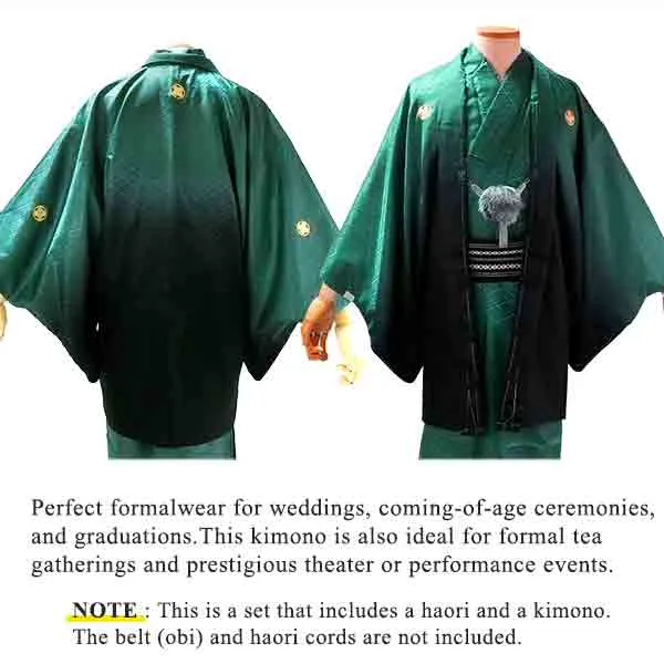 Men's Formal Kimono and Crested Haori Coat 2-Piece Set ＜Green blur＞