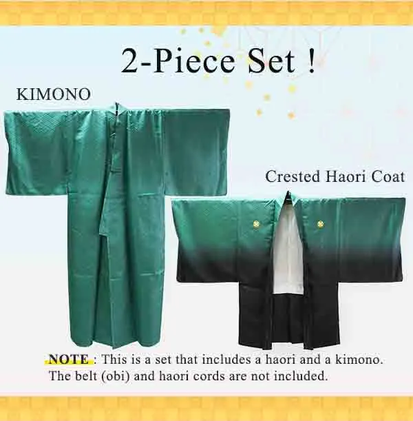 Men's Formal Kimono and Crested Haori Coat 2-Piece Set ＜Green blur＞