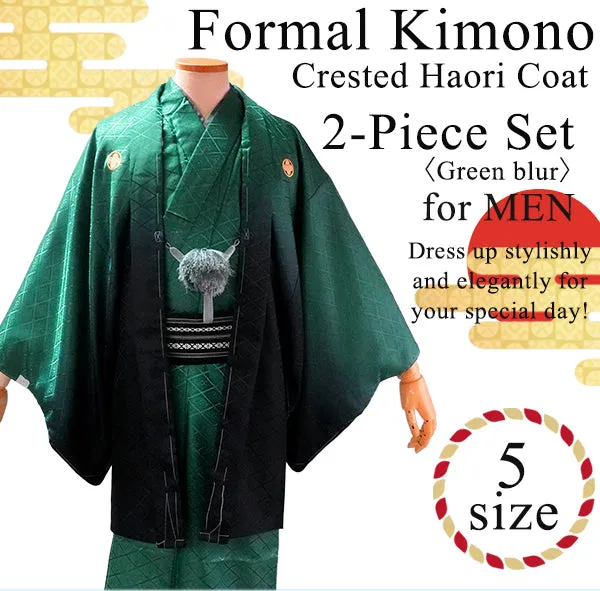 Men's Formal Kimono and Crested Haori Coat 2-Piece Set ＜Green blur＞