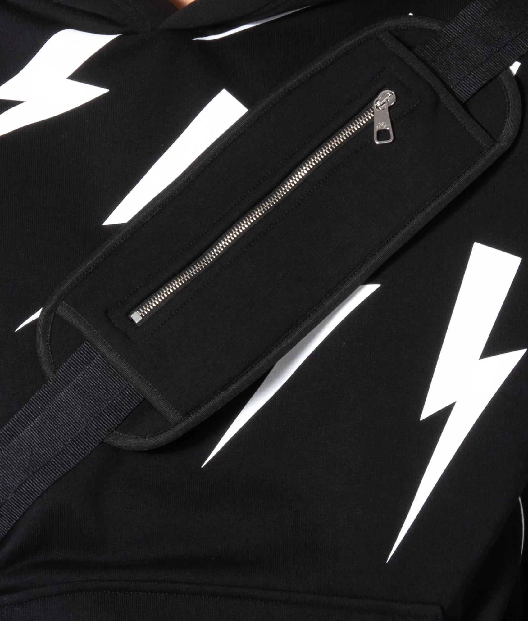 Off-Set Fair-Isle Thunderbolt Blouson Hooded Sweatshirt With Utility Bag
