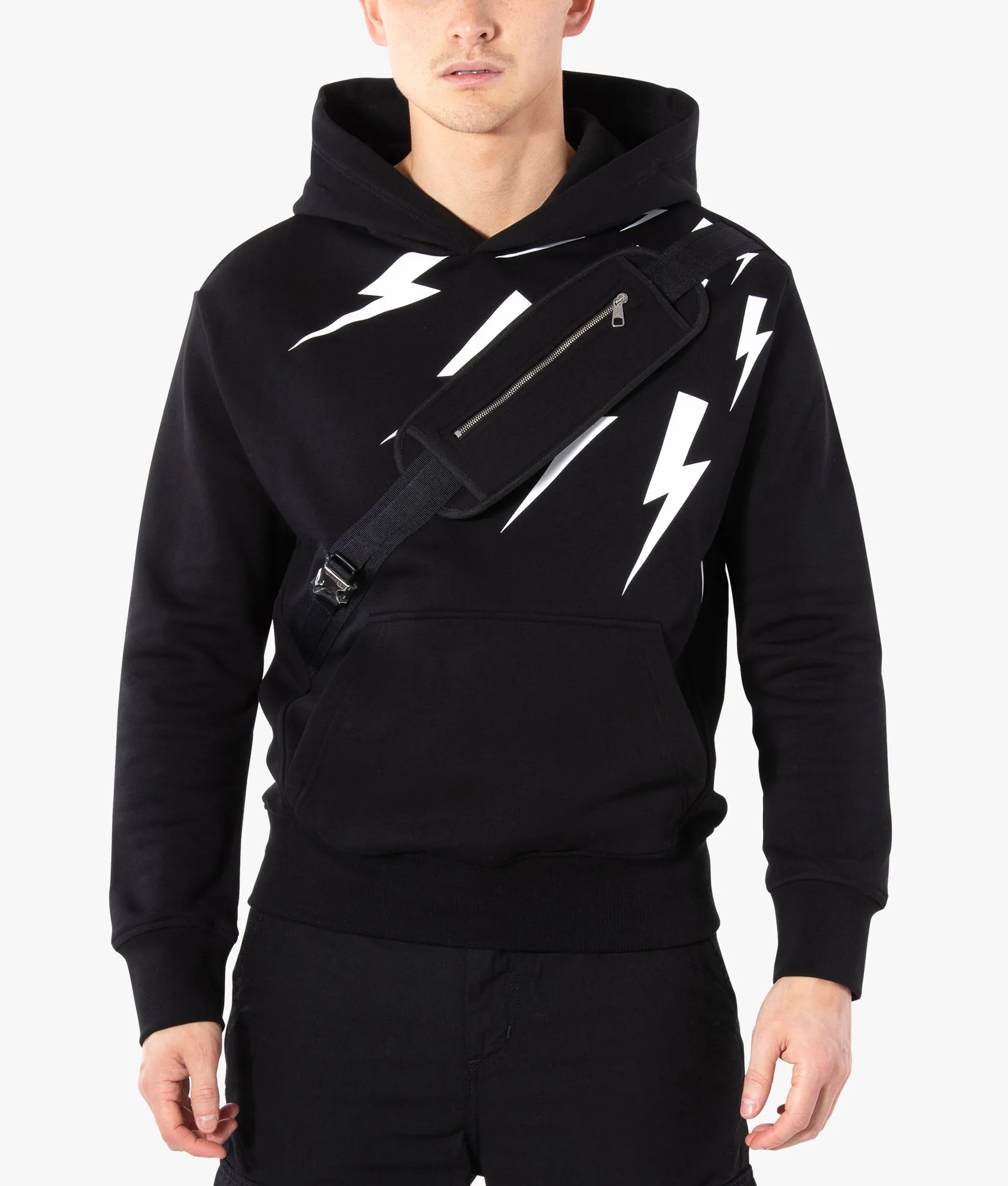 Off-Set Fair-Isle Thunderbolt Blouson Hooded Sweatshirt With Utility Bag