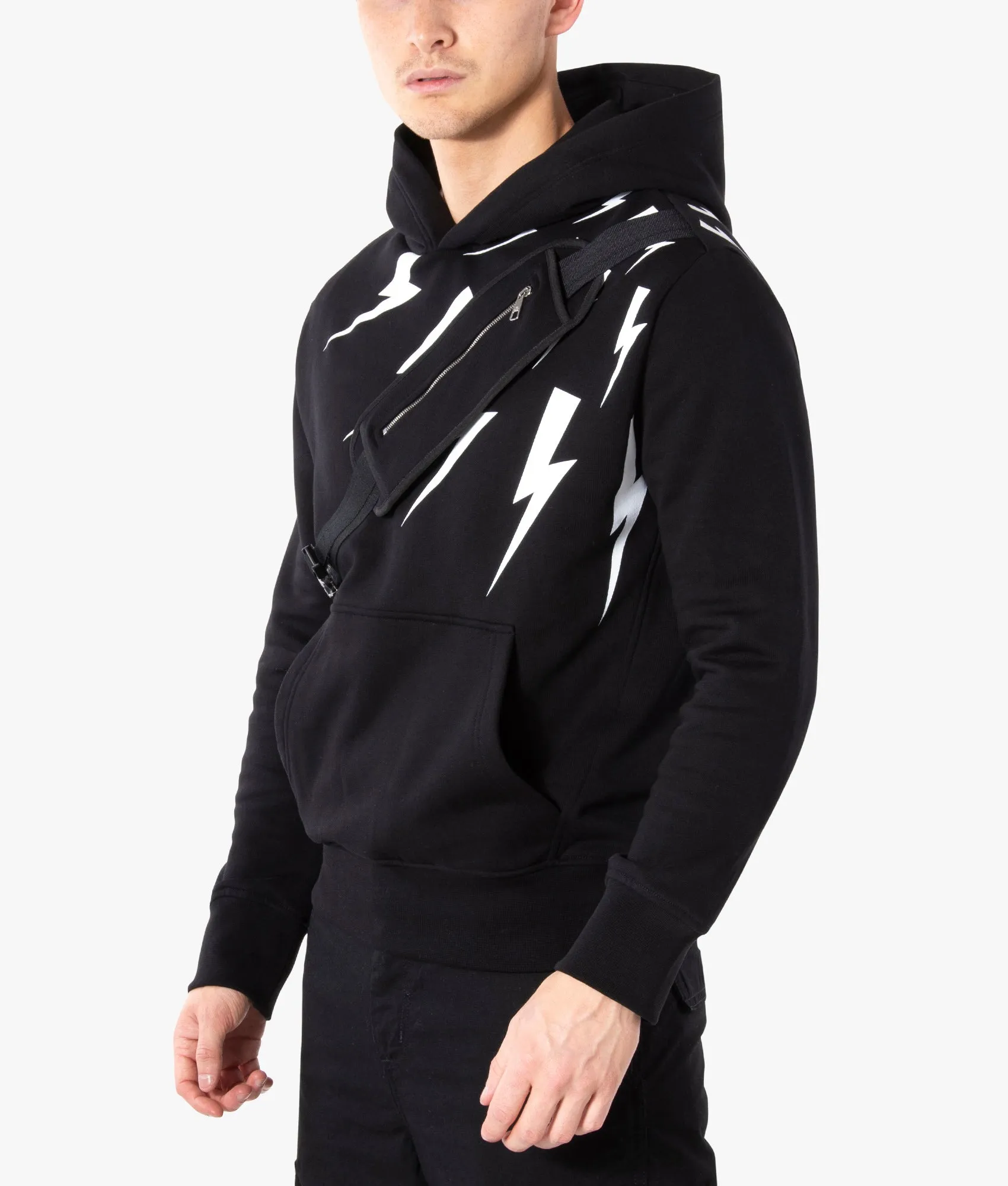 Off-Set Fair-Isle Thunderbolt Blouson Hooded Sweatshirt With Utility Bag