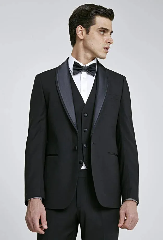 Twn Slim Fit Black Plain Tuxedo Suit with Vest
