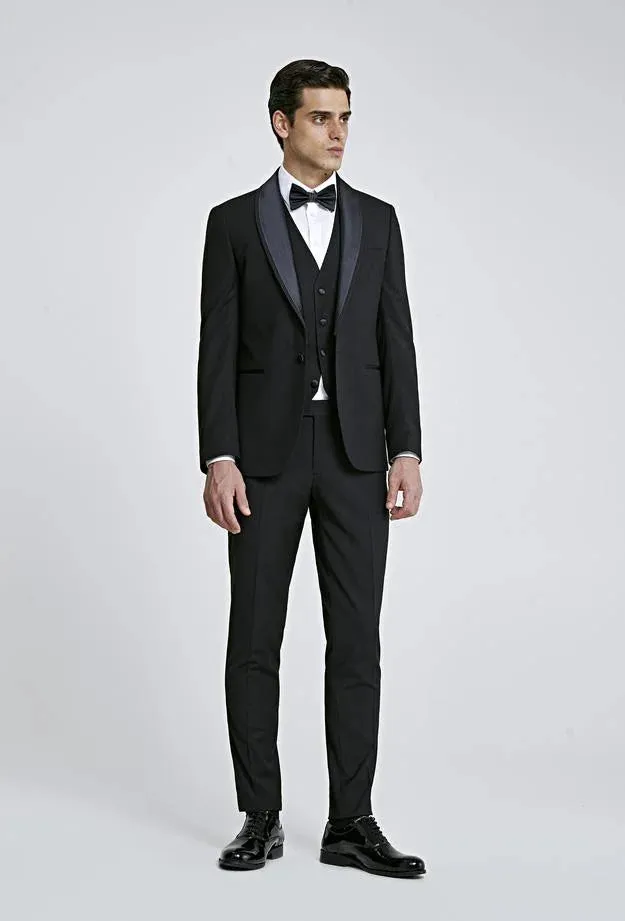 Twn Slim Fit Black Plain Tuxedo Suit with Vest