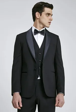 Twn Slim Fit Black Plain Tuxedo Suit with Vest