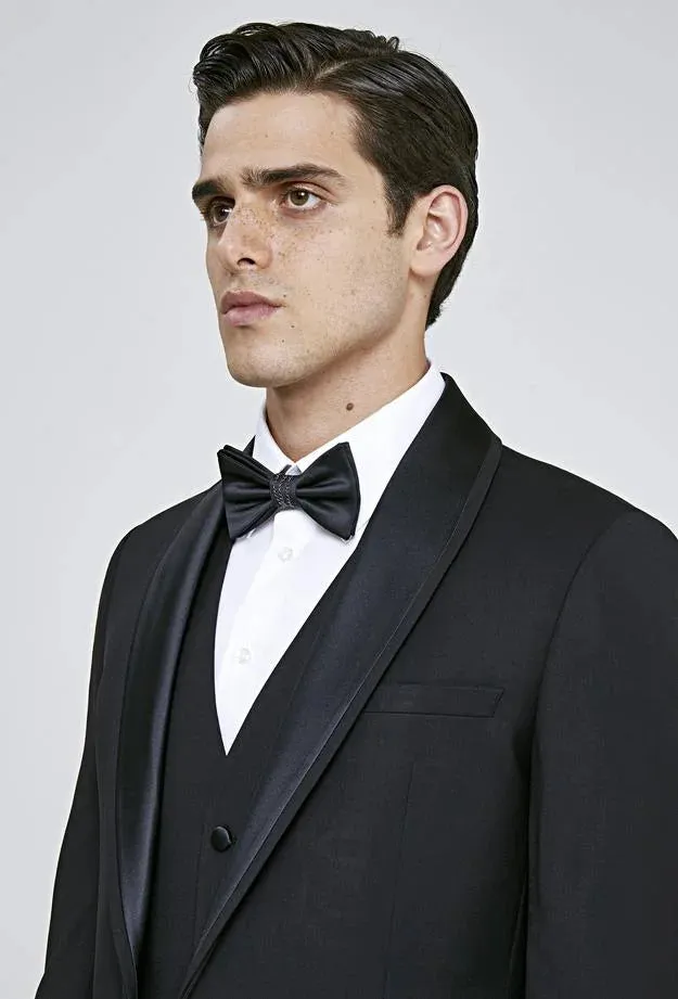 Twn Slim Fit Black Plain Tuxedo Suit with Vest